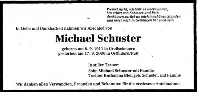 Schuster Michael 1911-2000 Todesanzeige